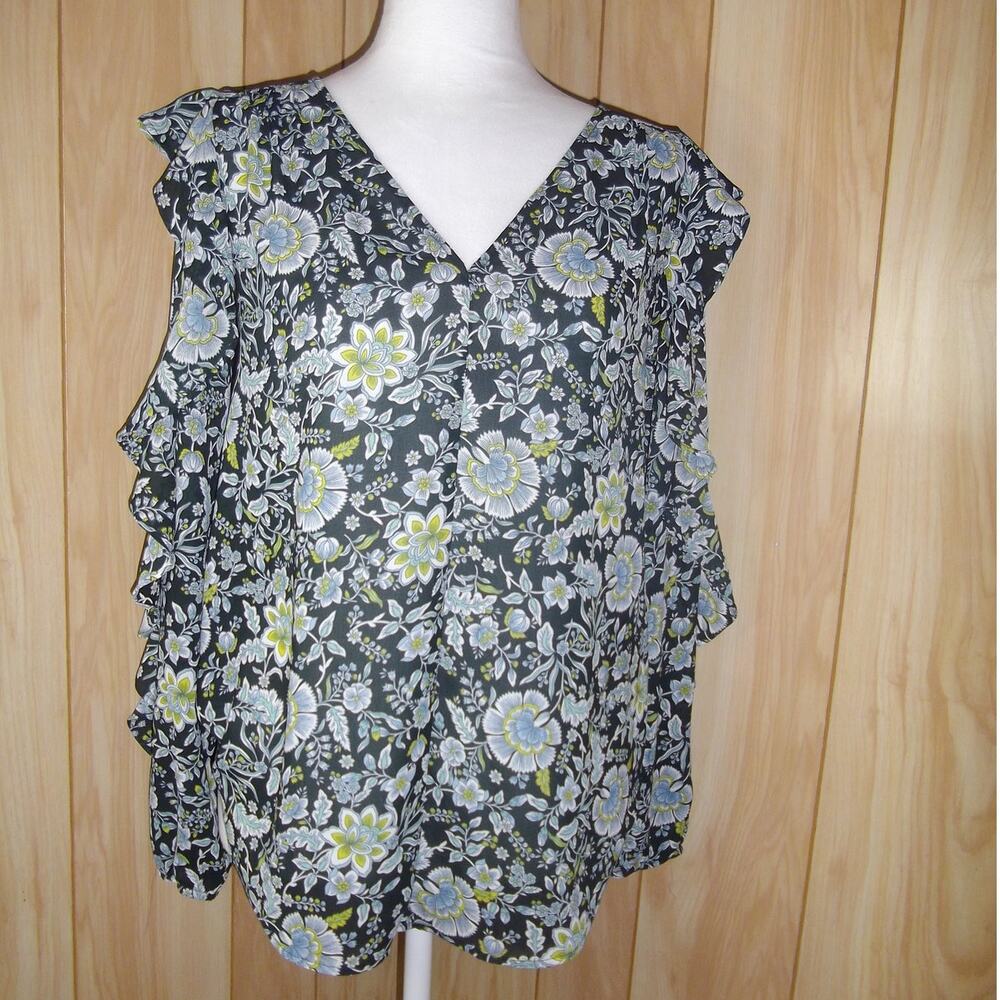 Loft Blue Floral V-Neck Ruffled Long Sleeve Sheer Blouse XS